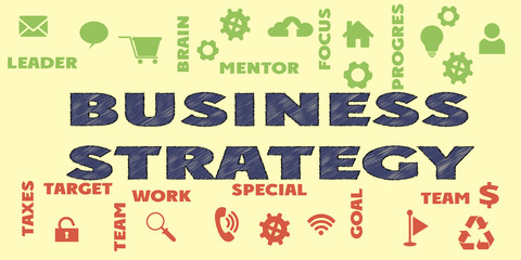 BUSINESS STRATEGY Tag Word Gears and Icons Cloud. Modern Style