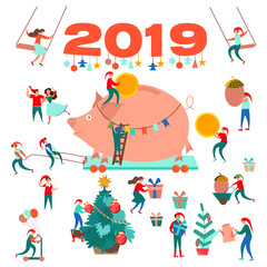New Year. 2019. Big Pig. Christmas tree. Little men. Christmas background.