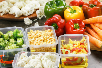 Cauliflower, corn, brocoli, carrot, pepper salad cooking.