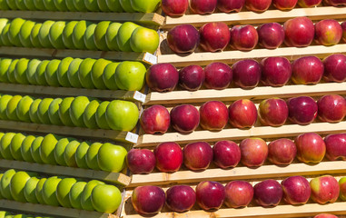 Background of apples. Stand of ripe fruit. Harvest to agricultural products exhibitions. Harvest of apples.