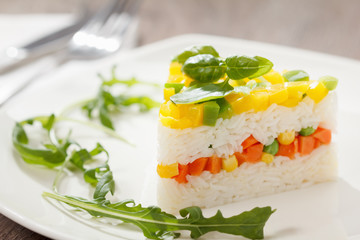 Vegetarian food, rice salad with vegetables, healthy meals