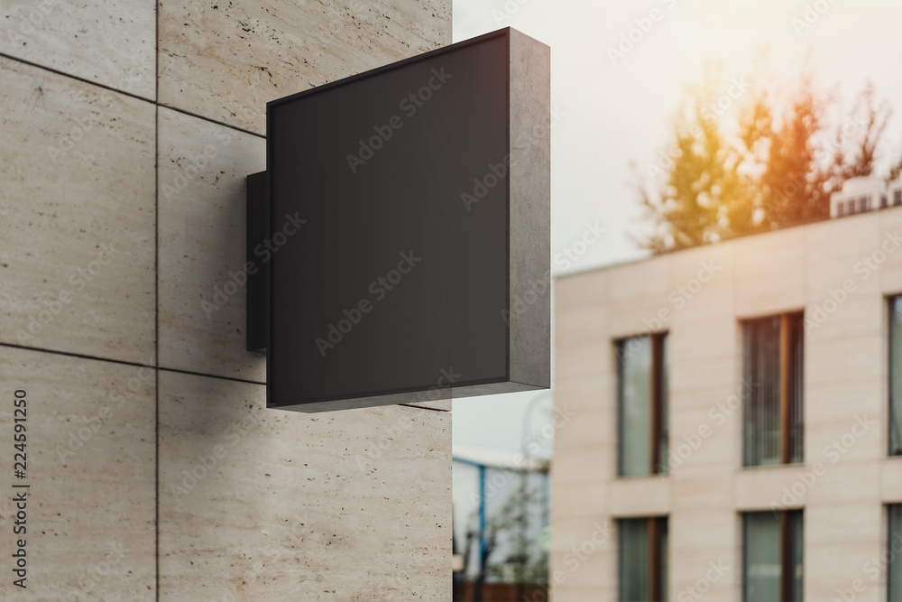 Poster blank square store signboard. empty shop lightbox on the wall. 3d rendering.