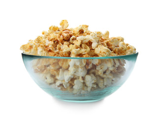 Bowl with delicious fresh popcorn on white background