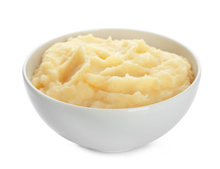 Bowl with mashed potatoes on white background