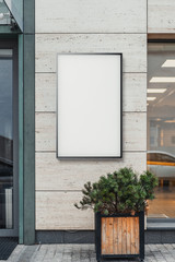 Fototapeta na wymiar Blank white outdoor banner at bright modern building wall, 3d rendering.