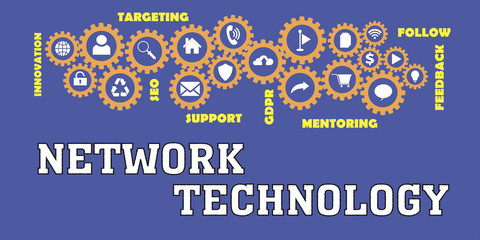 NETWORK TECHNOLOGY Gears mechanism Hi tech web concept. Tags and icons cloud 