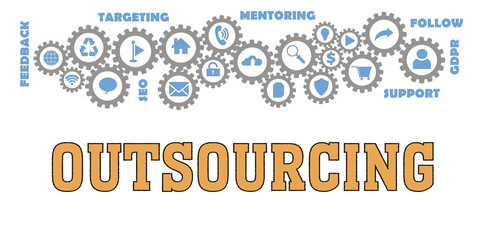 OUTSOURCING Gears mechanism Hi tech web concept. Tags and icons cloud 