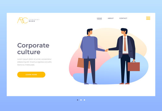 Culture of corporate relations. Businessmen shaking hands. Relations of partners in business. Homepage. Title for website. Vector illustration for web page.