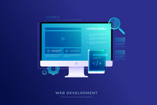 Concept of web development, programming and coding. Elements of interface and video player window on monitor screen. Development of applications for electronic and mobile devices. Vector illustration.