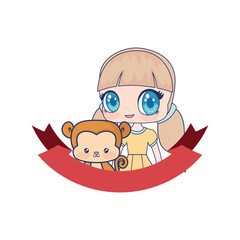 cute anime girl with monkey toy animal