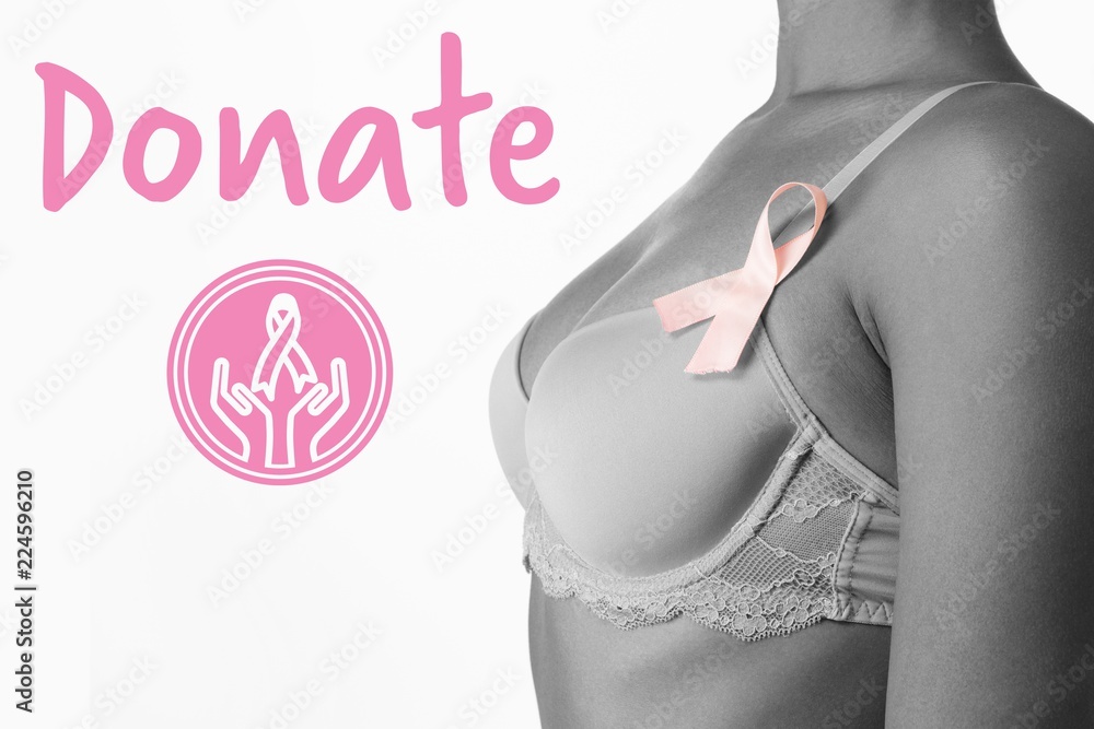 Poster composite image of graphic image of donate text with breast