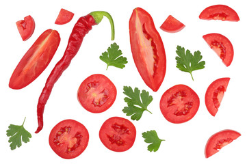 Tomato sliced, bitter pepper, parsley leaves isolated on white, top view