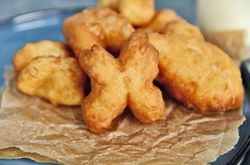 Homemade Youtiao or Chinese fried churros  and and fried bread stick with soy milk are breakfast of asian