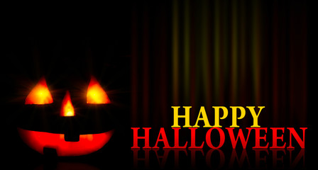 Head of a glowing pumpkin and text on a black abstract background. Happy Halloween Background