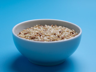 brown rice in white cup on a blue background