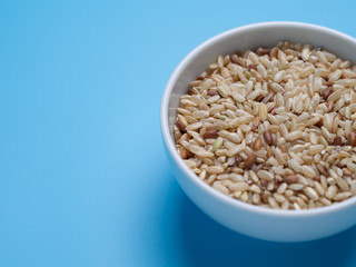 brown rice in white cup on a blue background