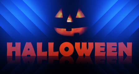 Head of a glowing pumpkin and text on a black abstract background. Happy Halloween Background