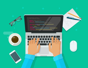 Programmer coding on laptop computer on work desk vector illustration, cartoon flat freelancer sitting on working table and programming code on pc, web developer table top view