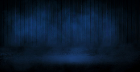 background of a dark empty room with smoke, concrete floor and wooden walls