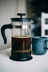 French Press Coffee Pour on a Cold Autumn Morning. 