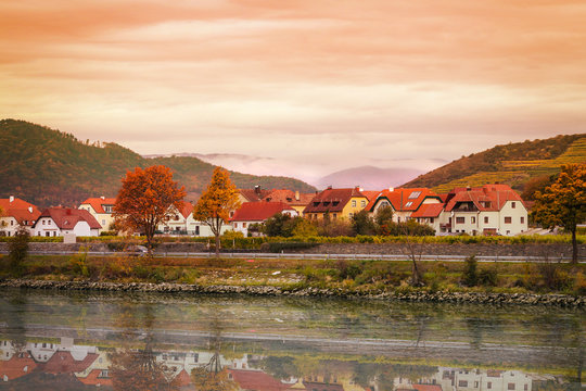 Quaint small town on the shore of the Danube River in Austria in the Fall