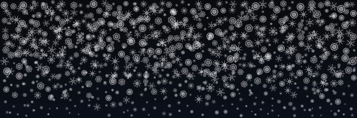 Festive Winter Panoramic Background. Christmas Greeting Card. Falling Snowflakes on Blue Background.