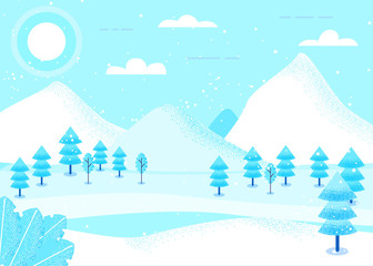 Modern minimalistic flat fantasy trees mountains landscape in winter,textured vector design, Happy New Year and Merry Christmas concept