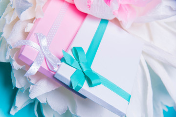 Hands holding craft paper gift boxes with as a present for Christmas, new year, valentine day or...