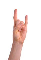 woman's hand showing Sign of the horns.isolated over white