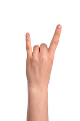 Obraz premium woman's hand showing Sign of the horns.isolated over white