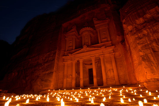 Treasury (Al Khazneh) of Petra Ancient City Illuminated by Candles, Jordan