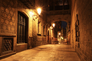 Fototapeta premium Most między budynkami w dzielnicy Barri Gotic, Barcelona