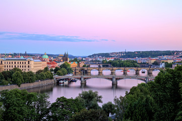 Fototapeta na wymiar Bridges of Prague over Vltava River, Scenic View from Letna