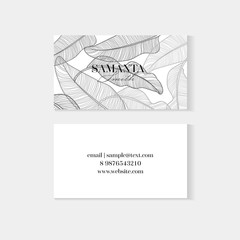 Set of Business cards tropical graphic design with tropical pattern banana leaves. Vector hand drawn illustration. Creative business card template design. Corporate identity templates tropical style
