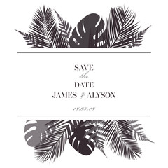 Wedding floral invitation card save the date design with monohrom tropical leaf: palm leaves, monstera, fern and framed. Botanical elegant decorative vector template watercolor style