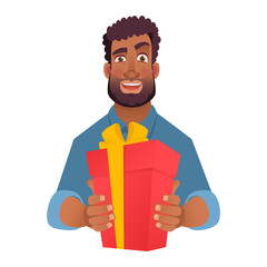 african man holding red present box