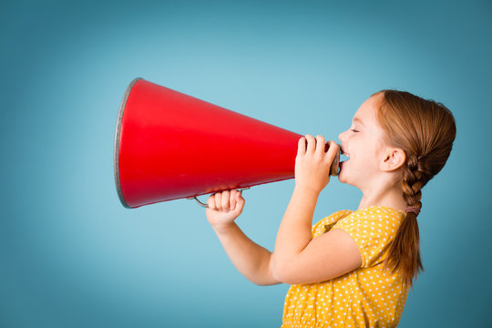 Girl Announcing with Megaphone, Isolated on Teal