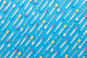 medicine test tubes blood for blue background 3d illustration. Flat lay, top view. Hematology blood analysis report with colorful sample collection tubes.