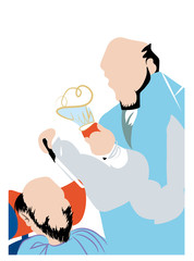 Senior barber ready to shave.

Old  barber holding a razor and about to shave a man's beard.