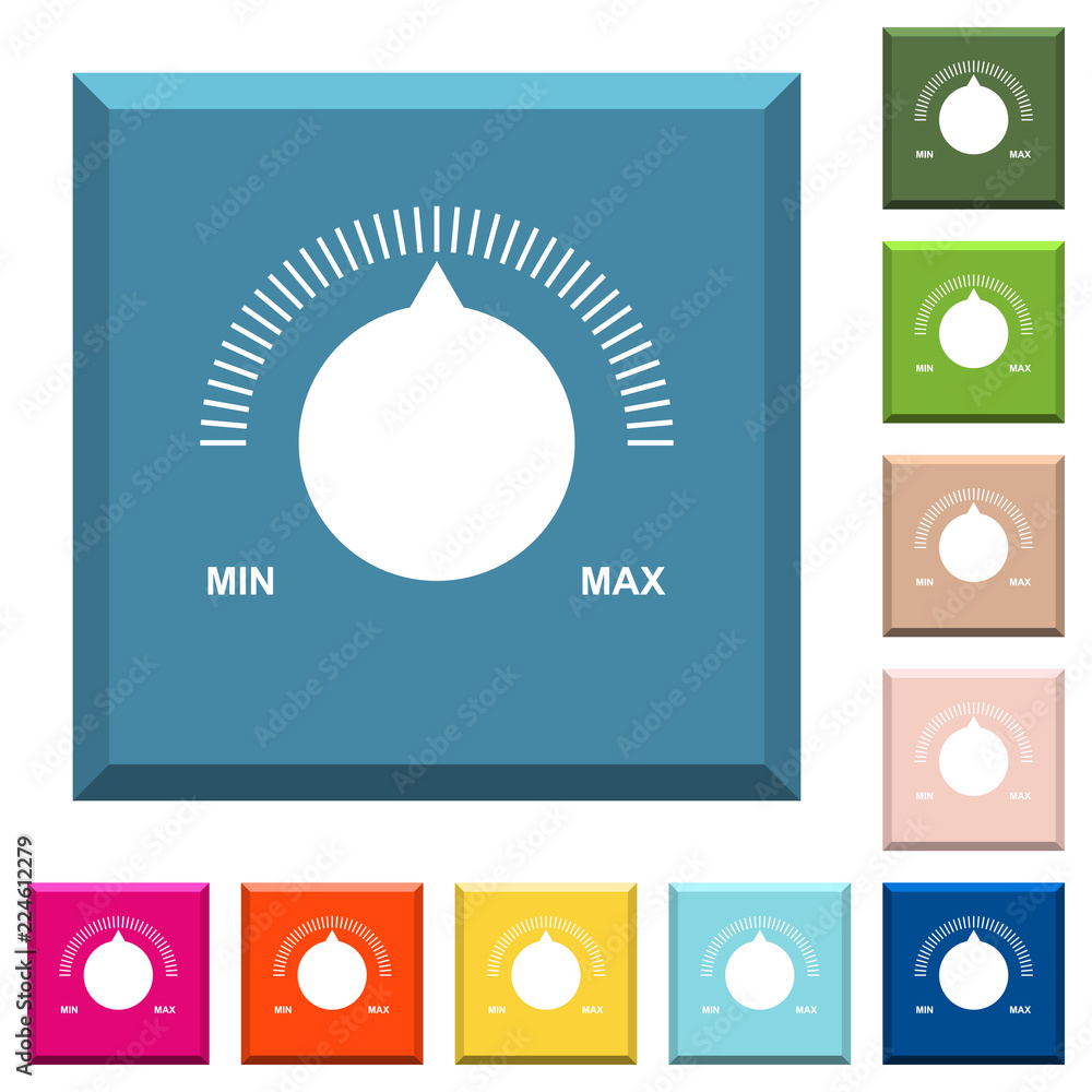 Poster volume control with captions white icons on edged square buttons