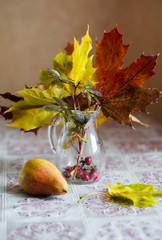 Autumn leaves in a glass jug