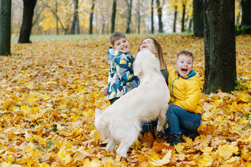 Mom and her sons play with a dog in the park in autumn