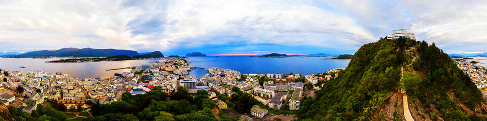 Naklejka premium Aerial view of Alesund, Norway at sunrise.