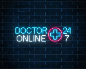 Doctor online glowing neon logo on dark brick wall background. Mobile medicine app. Neon doctors mobile app sign.