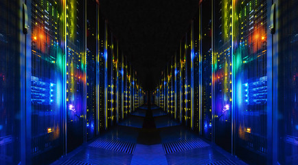 Shot of Corridor in Large Working Data Center Full of Rack Servers and Supercomputers.