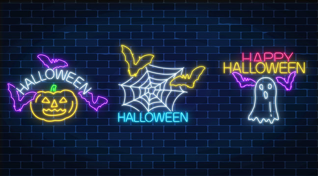Set of three halloween illustrations in neon style. Glowing neon pumpkin, bats, chost silhouette and spyder web