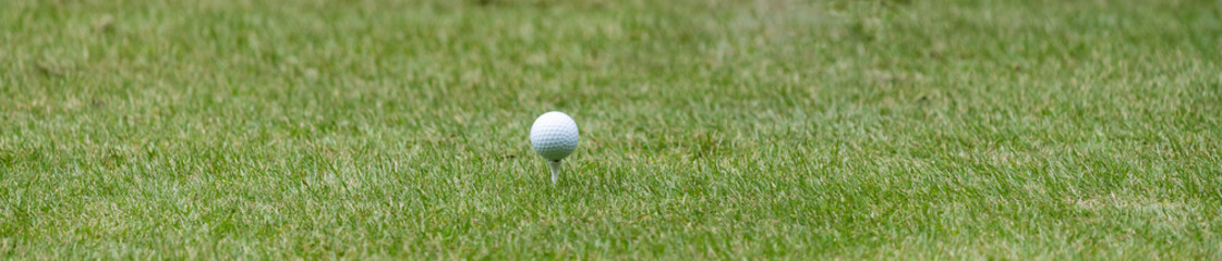 White golf ball on a tee banner with a shallow depth of field and copy space