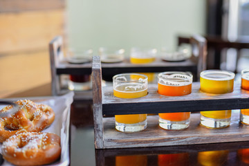Pretzels and beer flights for game day - bar food and drink
