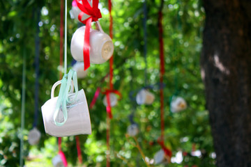 Hipster cups hanging from trees in a garden in summer