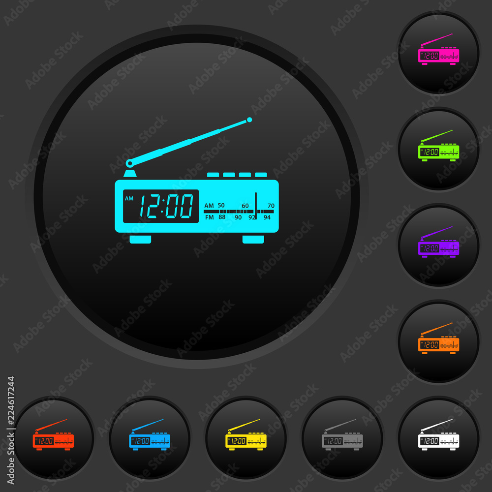 Poster vintage radio clock dark push buttons with color icons